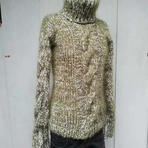 Knit Hand Cable Mohair Men's Turtleneck Green Melange Handmade Hairy Ski Sweater - Picture 1 of 12