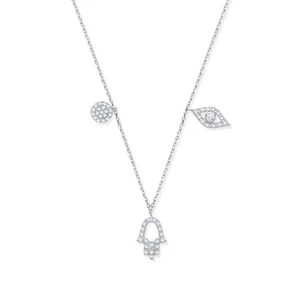 9ct White Gold 0.22ctw Diamond Evil Eye, Hamsa & Circle Necklace 16 - 18" Length - Picture 1 of 5