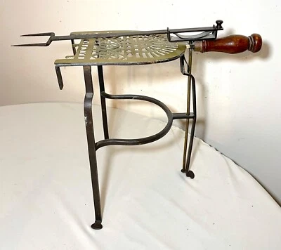 rare antique brass wood iron fireplace pot trivet hearth stand w adjustable fork - Image 1 of 4