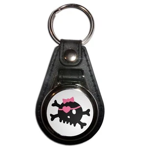White Skull with Bow Plastic Medallion Key Ring (61mm x 38mm) - Picture 1 of 12