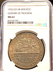 #A9712,NGC Cert Colorado So-Called Dollar,HK 870 1933,Token Nice Toning MS63 - Picture 1 of 4