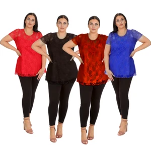 Nouvelle Womens Plus Size Elegant Floral Lace Peplum Top Round Neck Short Sleeve - Picture 1 of 21