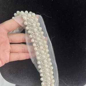 Ivory Pearls Beaded Bridal Mesh Trim Silver Beaded Bridal Sashes Wedding Belt - Picture 1 of 10