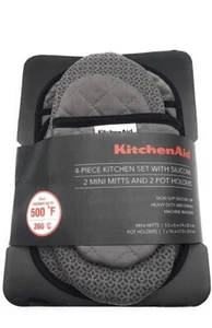NEW KitchenAid 4 Piece Silicone Kitchen Set 2 Oven Mitts/2 Pot Holders Gray - Picture 1 of 9