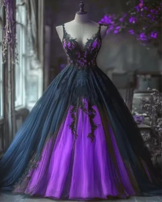 Gothic Wedding Dress Black And Purple Tulle Bridal Gowns Lace Appliques Spaghett - Image 1 of 4