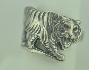 Anello Cucchiaio Regolabile Tigre da Passeggio in Argento Sterling 925 Massiccio - Foto 1 di 6