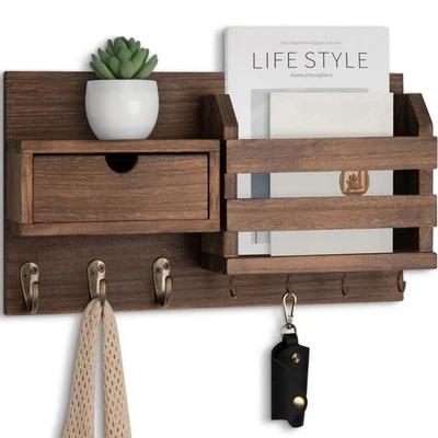 Wall Mount Key Holder with Mail Organizer, 100% Paulownia Wood, 7 Metal Hooks... - Image 1 of 4