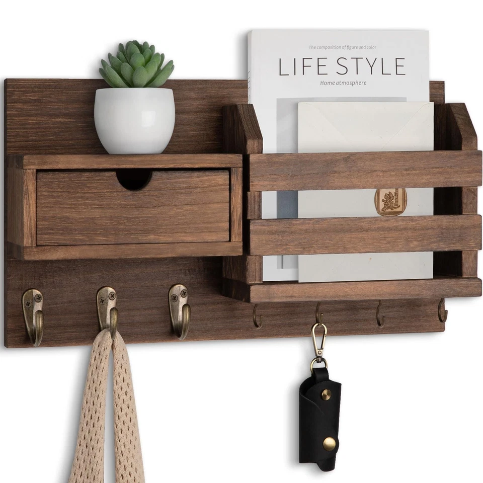 Wall Mount Key Holder with Mail Organizer, 100% Paulownia Wood, 7 Metal Hooks... - Image 1 of 4