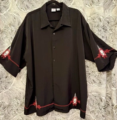 Short-Sleeve Shirt w/Flaming Tattoo Skulls & Pinstripe Embroidery + Knit Cap - Image 1 of 4