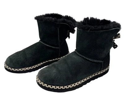 Ugg Boots Women 7 Black Ivory Polka Dot Trim 78 Bailey Bow Classic Mini Outdoor - Image 1 of 4