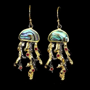 925 Sterling Silver Earrings Round Ruby Myanmar Mop Jellyfish Gemstone Jewelry - Picture 1 of 14