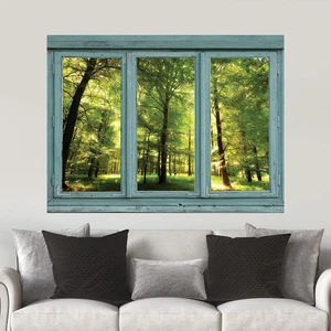 - Ventana verde azulado vintage mirando hacia un bosque verde y rayos de sol mirando a través de - Imagen 1 de 6