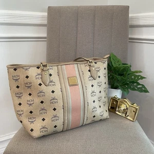 MCM Liz Shopper Tasche groß beige Leder Monogramm rosa Streifen Pre-loved Visetos - Bild 1 von 15