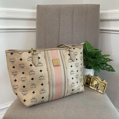 MCM Liz Shopper Tote Large Beige Leather Monogram Pink Stripe Pre-loved Visetos - Image 1 of 4