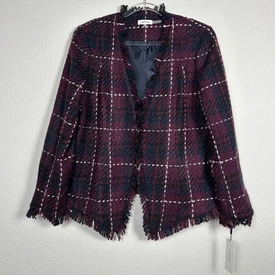 Calvin Klein size 14 fringe trim tweed blazer burgundy plaid wool blend NEW - Image 1 of 4