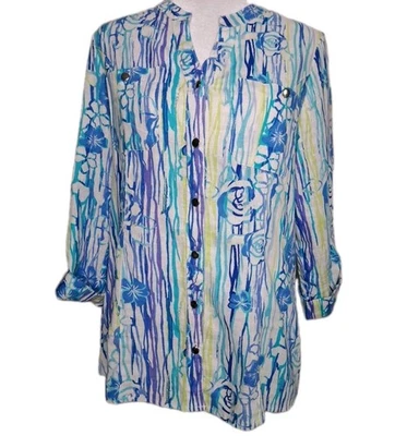 Coral Bay Linen Blend Top Floral Blue Tropical Beachy Hawaiian Vacay Petite M - Image 1 of 4