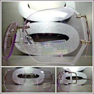 OVERSIZED VINTAGE RETRO Style SUN GLASSES Silver Rimless Frame Light Purple Lens - Foto 1 di 10