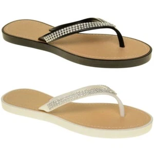 DAMAS MUJERES DETALLE DIAMANTE TANGA CHANCLAS VERANO SANDALIAS ZAPATOS PLAYA TALLA - Imagen 1 de 18