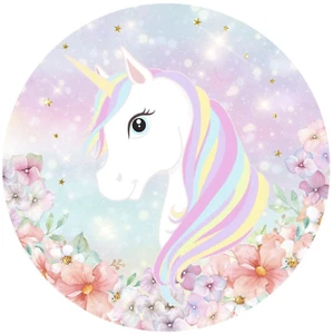 UNICORNIO FANTASÍA ARCO IRIS FLORES MÁGICAS FIESTA REDONDO CUMPLEAÑOS BANNER TELÓN DE FONDO - Imagen 1 de 2