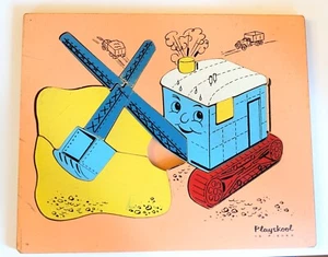 VTG Playskool Wooden Jigsaw Puzzle Steam Shovel 22-2 Missing One Piece - Picture 1 of 4