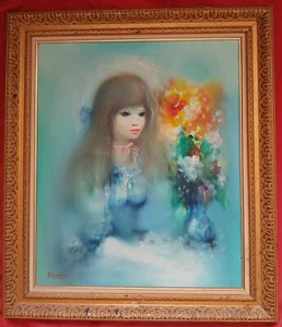 Superbe huile par Armand Lourenco "Portrait de jeune fille au bouquet de fleures - Picture 1 of 5