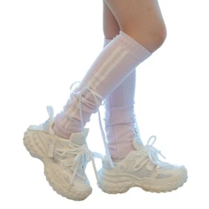 Women Sports Side Double Striped Knitted Leg Warmer Bowknot Footless Long Socks - Picture 1 of 19