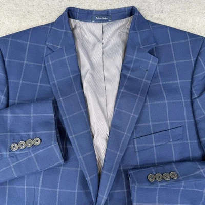 Turnbury Blazer Mens 46L Blue Windowpane Silk Wool Sport Coat Jacket Classic - Image 1 of 4