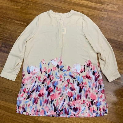 Blusa Camisa Top Túnica Anne Klein Mujer XL Crema Estampado Floral Cuello Botón Nueva con Etiquetas Foto 1 de 4