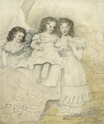 Portrait Of Three Girls 1831 Small Watercolour Painting 19th Century - Image 1 of 4