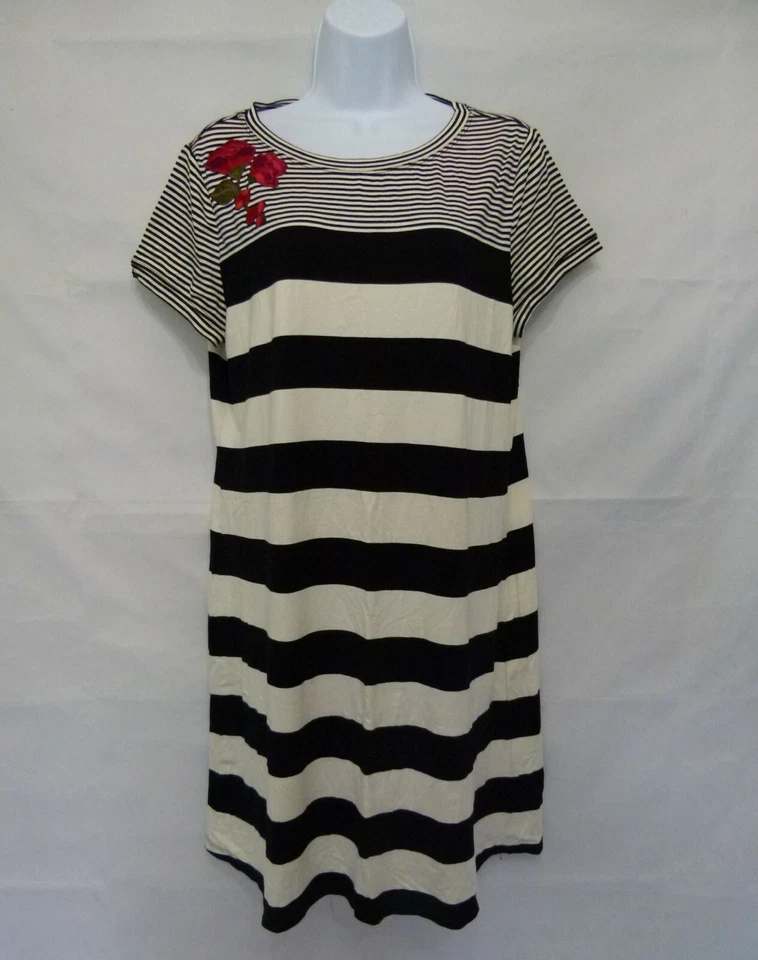 Vestido para mujer Calvin Klein negro/blanco a rayas bordado floral talla L Foto 1 de 4