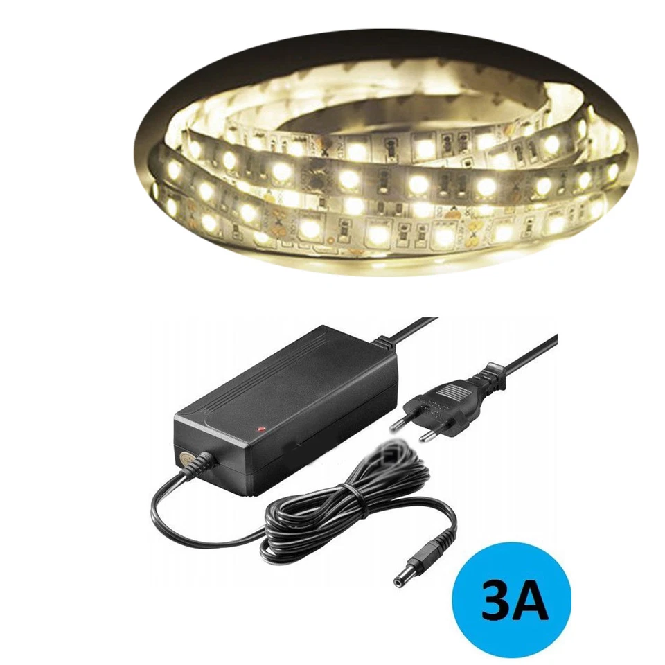 KIT STRISCIA LED 5050 FLESSIBILE 5M ADESIVA ALIMENTATORE 3A BIANCO NATURALE IP65 - Immagine 1 di 1