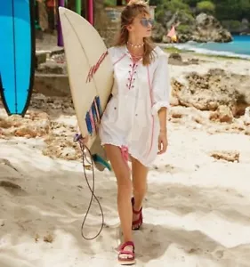 $168 NWT FREE PEOPLE SzXS/S POPLIN LACE UP HOODED PULLOVER JACKET WHITE/PINK - Picture 1 of 6