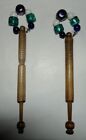 2 ANTIQUE WOODEN TURNED LACE BOBBINS WITH SPANGLES (C126)