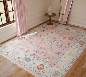 Pink Hand Knotted Oushak Wool Rug, 8x10 Floral Oriental Area rug, Made to Order - Picture 1 of 7
