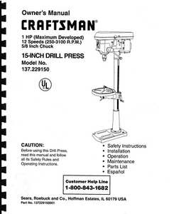 Craftsman 15 " DRILL PRESS Manual Model 137.229150 - Picture 1 of 1