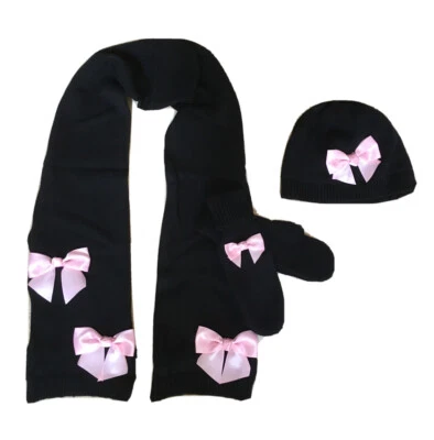 Новый KATE SPADE шерсти Beanie, варежки, шарф w/PNK бант размер 2-3/4-5, 1-3PC набор - Изображение 1 из 4