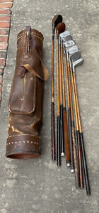Antique Hickory Wood Shaft Golf Clubs & All Leather Carry Bag