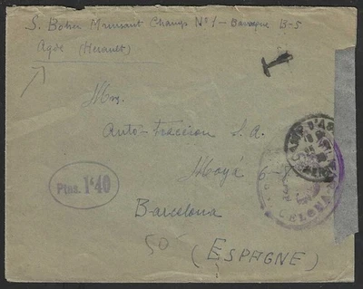 FRANCIA 1939 Censurado CAMPAMENTO AGDE Cubierta a Barcelona España Foto 1 de 2