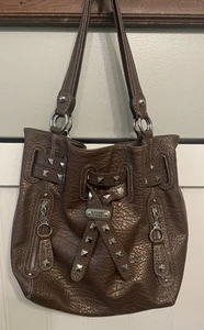 Kathy Van Zeeland Brown Metallic Faux Croc Silver Studded Shoulder Bag, W/ Charm - Picture 1 of 21
