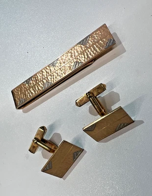 Gemelos y barra de corbata SWANK, calidad vintage Juego de acabado martillado rosa y plata Foto 1 de 4