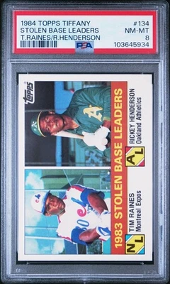 1984 Topps Tiffany Stolen Base Leaders Rickey Henderson Tim Raines 134 PSA 8 HOF - Image 1 of 2