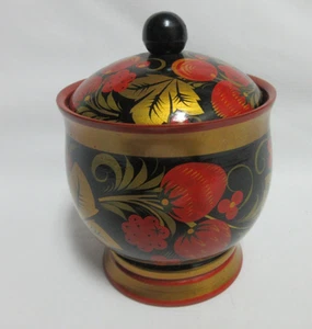 Barattolo Khokhloma Vintage Russo (URSS) 5” Coperchio Legno Lacca Berry Folk - Foto 1 di 8
