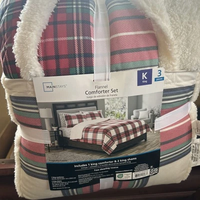 3-Piece Adult Flannel/Sherpa Comforter Set Red Tartain Plaid Full/Queen Size - Image 1 of 4