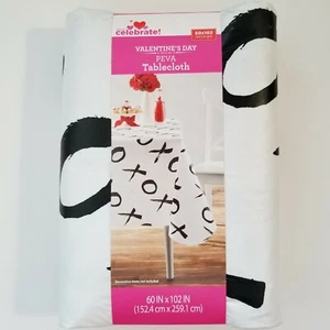 Valentines Day Vinyl Tablecloth 60 x 102 Black Abstract XOXO Hugs Kisses White - Picture 1 of 4