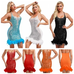 Women Minidress Flapper Dreess Slim Fit Leotard Dance Dresses Sparkly Dancewear - Picture 1 of 49