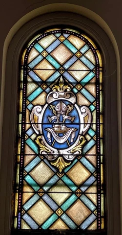 BEAUTIFUL ANTIQUE STAINED GLASS CHURCH WINDOW WITH BISHOPS MITER - HOLY OILS Cover
