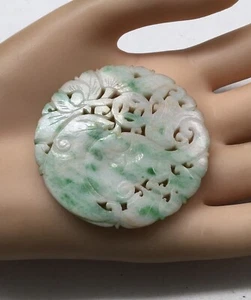 Antiguo colgante redondo de flor de loto tallado a mano translúcido de jadeíta natural/jade - Imagen 1 de 5