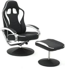 Black High Back Gaming Chair Home Swivel PU Leather Computer Task Seat w/Ottoman - Picture 1 of 8