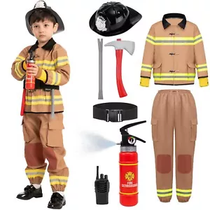 Child Unisex Brown Fireman Costume for Halloween dress up-3T - Picture 1 of 9