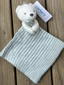 Carters KNIT BEAR Baby Lovey Blanket Blue White Stripes Carter’s Boy Gift New - Picture 1 of 5
